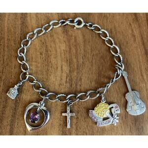 Vtg Sterling Silver Religious Theme Charm Bracelet Original 1940s 7" Cross Music